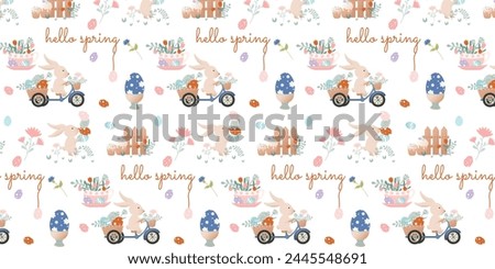 Happy Easter clip art. Pattern with cartoon characters in retro style. Easter bunny, flowers,bunny on bike, cup with Easter eggs, vase, bouquet.