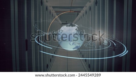 Digital image of digital rings circling a globe in a hallway of server towers 4k