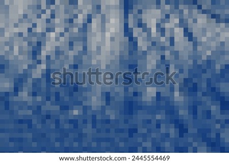 Pixelated blue and light blue squares on textured paper background.