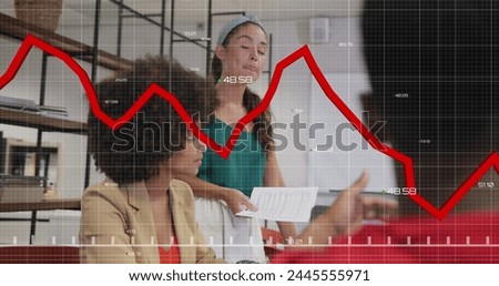 Image of graph with changing numbers over diverse woman sharing ideas with coworkers in office. Digital composite, multiple exposure, report, business, growth, planning and teamwork concept.