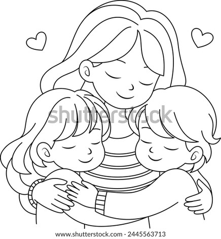 Cute kawaii Mother Holding Daughter and Son cartoon character coloring page vector illustration, Happy Mother's day illustrations 