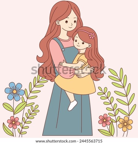Cute kawaii Mother Holding Daughter cartoon character vector illustration, Happy Mother's day illustrations 