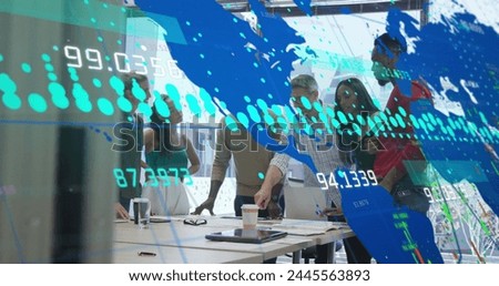 Image of graphs, changing numbers, map and computer language, diverse coworkers sharing ideas. Digital composite, report, business, global, coding, teamwork and technology concept.