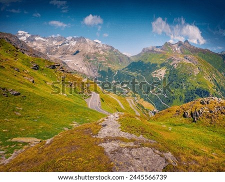 Sunny summer view of Grimselpass - mountain path among green meado. Stunning morning landscape of the shore of Totensee lake, Switzerland. Amazing outdoor scene of Swiss Alps, Bern canton.