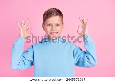 Portrait of friendly charming boy toothy smile demonstrate okey symbol approval isolated on pink color background