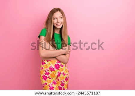 Photo of charming lovely pretty girl wear stylish clothes hugging herself looking empty space isolated on pink color background Royalty-Free Stock Photo #2445571187