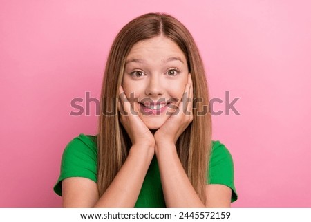 Photo portrait of pretty teenager girl touch cheeks admire sweet face dressed stylish green outfit isolated on pink color background Royalty-Free Stock Photo #2445572159