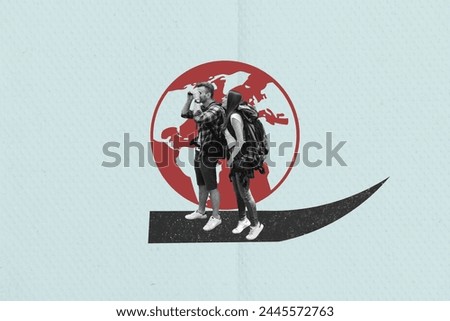 Composite collage picture of two black white colors partners hiking look binocular world globe isolated on creative blue paper background