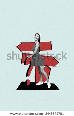 Vertical composite collage picture of black white colors girl road sign pointer question mark isolated on creative background