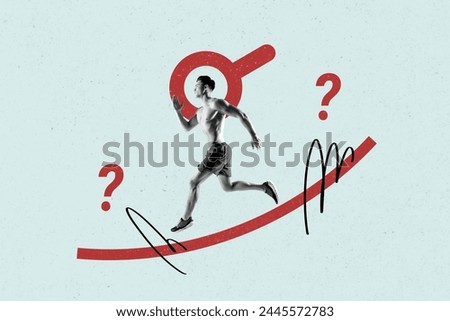 Composite collage picture of black white colors sporty guy running question mark magnifier lens isolated on creative background