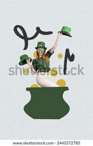 Composite vertical collage picture of overjoyed girl dance inside cauldron st patrick day isolated on creative background