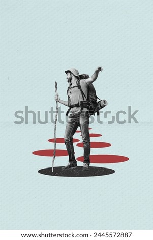 Composite vertical collage picture of black white effect guy hiking hold stick point finger isolated on creative background