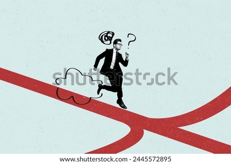 Composite collage picture of black white effect elegant guy run question mark isolated on creative background