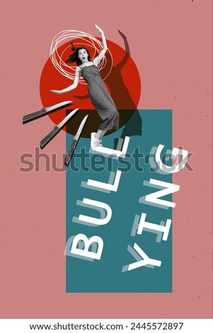 Vertical photo collage of scared girl fall tip toe threat knife bullying shame abuse offense victim isolated on painted background