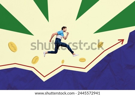 Trend artwork composite sketch image 3D photo collage of young sportive guy run under money coins increase arrow going up success growth