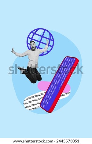 Vertical photo collage of excited guy jump huge iphone screen internet emblem globe planet symbol network isolated on painted background