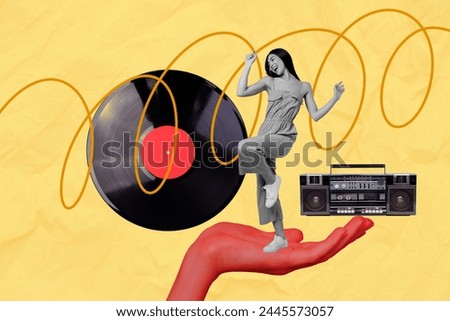 Photo collage creative picture vinyl record plate audio player boombox listener entertainment party clubbing drawing background