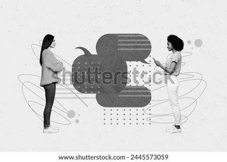 Composite artwork sketch image photo collage of black white silhouette two young lady have active conversation tet bubble speech