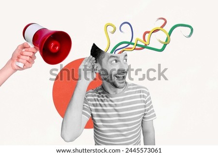 Creative collage picture young man excited listening loudspeaker bullhorn announce head caricature sales discounts promotion