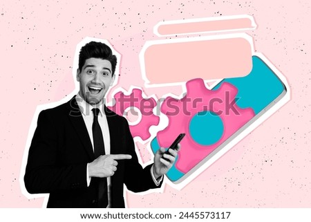 Composite photo collage of happy man manager hold iphone screen bubble correspondence technology message isolated on painted background