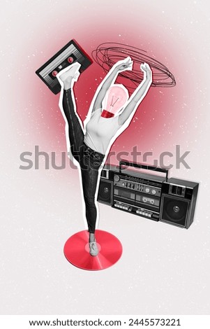 Vertical photo collage of girl instead head light bulb stand vinyl plate boombox dance cassette ballerina isolated on painted background Royalty-Free Stock Photo #2445573221