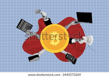 Creative collage picture human arms holding smartphone device digital online payment buy purchase computer terminal bitcoin trading