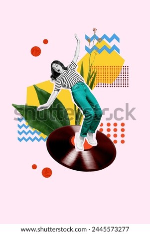 Sketch image composite trend artwork 3D photo collage of black white silhouette young lady shocked dance on huge vinyl record music play Royalty-Free Stock Photo #2445573277