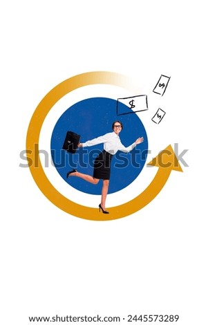 Creative vertical collage picture young running businesswoman secretary manager investor successful trader money earnings cash dollars