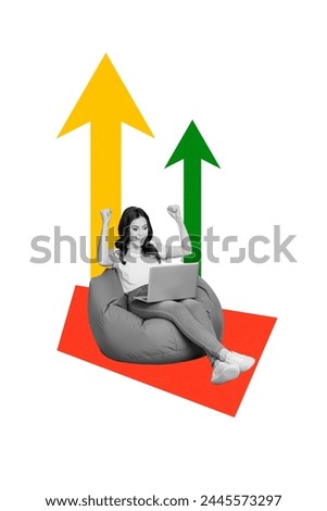 Vertical photo collage of happy girl freelancer sit beanbag laptop work arrow trader promotion winner isolated on painted background