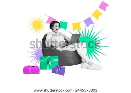 Composite photo collage of excited birthday girl sit beanbag laptop greeting present box garland flag isolated on painted background