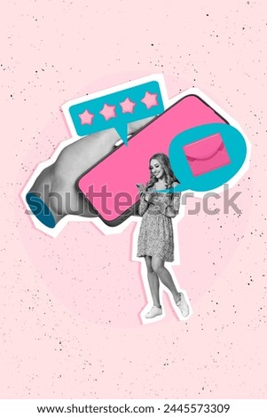 Collage 3d artwork of beautiful cheerful girl chatting sharing sms fast wifi connection popular blog isolated on drawing paper background Royalty-Free Stock Photo #2445573309