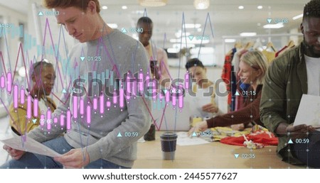 Image of multiple graphs and changing numbers over diverse coworkers analyzing reports. Digital composite, multiple exposure, business, growth and teamwork concept.