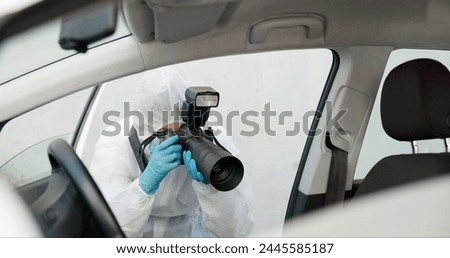 Forensic, investigation and photography of evidence in crime scene car for accident, burglary and research analysis. Science, csi and photographer with pictures in transport vehicle for observation Royalty-Free Stock Photo #2445585187