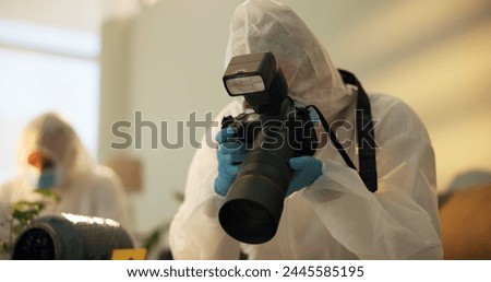 Camera, forensics and investigation of evidence at crime scene for case, photography and observation. House, research and person with technology for analysis, medical pictures and documentation