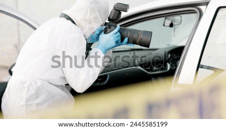 Car, crime scene and forensic photographer with pictures for evidence in court, working and investigation. Adult, person and employee for police department, professional and protection suit for DNA