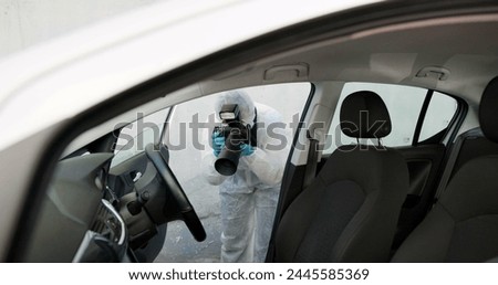 Forensic, investigation and photography of evidence in crime scene car for accident, burglary and research analysis. Science, csi and photographer with pictures in transport vehicle for observation