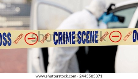 Car, crime scene and forensic photographer with camera for evidence in court, working and investigation. Adult, person and employee for police department, professional and protection suit for DNA