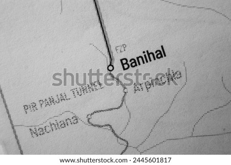 Banihal - India Railways junction train station in atlas map town or city name in black and white