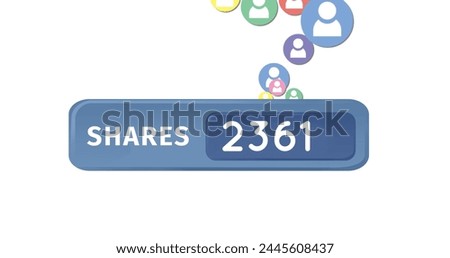 Digital image of colorful profile icons moving in the screen and shares bar with increasing numbers 4k