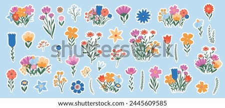 Floral elements, flowers stickers with white edge, spring wildflowers cartoon doodles, clip art. Decorative florals for prints, planners, stationary, cards, sublimation, etc. EPS 10