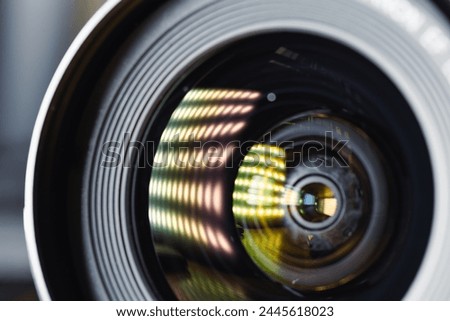 Close up detail photographic Camera lens. Close up detail Camera lens with reflections, Concept for photographing articles Professionally courses education.
