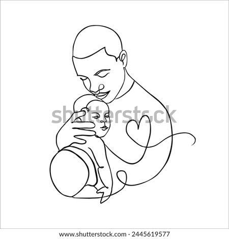 Vector cute illustration of father and baby. Black and white linear art, drawing on a white background.	