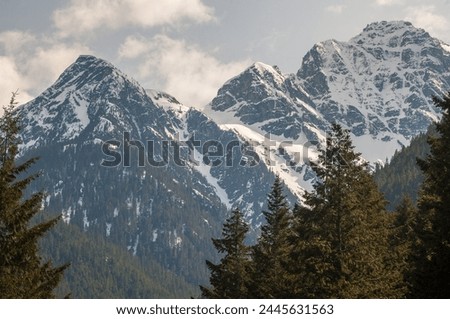 View of the Snow Covered Mountain Peaks and Forest at North Cascades National Park in Washington State, USA Royalty-Free Stock Photo #2445631563