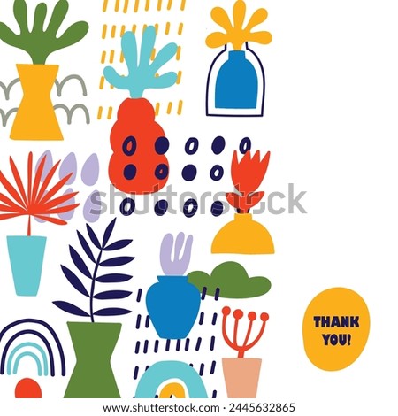 Greeting card with abstract bouquet in vase. Vector illustration. Thank you!