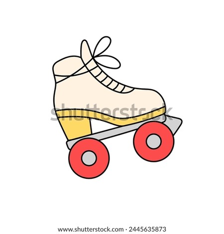 Funky rollerskates in retro style. Groovy sticker of rollerblades. Roller skating, rink badge with aesthetics of 80s. Vintage boot on wheels. Flat isolated vector illustration on white background
