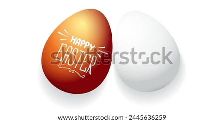 Happy easter horizontal banner with colorful golden egg and white eggs flat lay on white transparent background. Vector Happy easter creative concept illustration