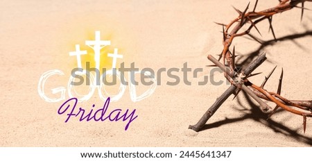 Banner for Good Friday with crown of thorns and cross on sand