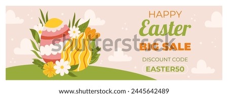 Easter sale horizontal banner template for promotion. Design with painted eggs on green grass field with flowers and leaves. Spring seasonal advertising. Hand drawn flat vector illustration Royalty-Free Stock Photo #2445642489