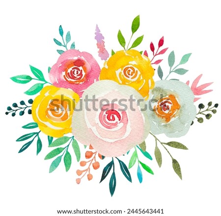 Watercolour Flower Bouquets Yellow Pink Roses Spring Arrangement Isolated On White