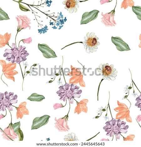 Watercolor seamless pattern design. Hand drawn flowers on white  background. Cute for kids room decor and textile design. 
